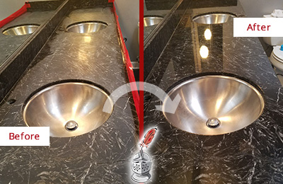 Sir Grout of Greater Fairfield County Stone Services Are Ideal for Enhancing Restrooms Marble Countertops and Keep Them Perfect All Year Round Picture of an Office Restroom's Marble Countertop Before and After Color Enhancement and Restoration