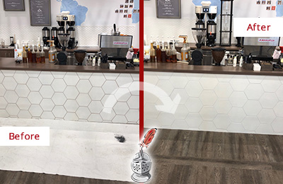 Sir Grout of Greater Fairfield County Restores, Cleans and Seals this Dirty Coffee Shop Tile and Grout Picture of a Coffee Shop Before and After Tile and Grout Restoration