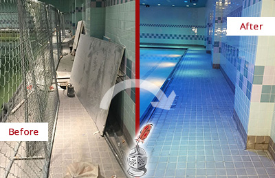 Sir Grout of Greater Fairfield County Cleans and Seals this Gym Tile Pool Deck to Repair Damage Before and After Picture of a Gym Tile Pool Deck Cleaned and Sealed to Repair Damage