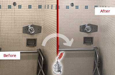 Sir Grout of Greater Fairfield County Restores, Cleans and Seals this Grimy Hospital Shower to Remove Mold and Dirt Before and After Picture of a Grimy Hospital Shower Restored, Cleaned and Sealed to Remove Mold and Dirt