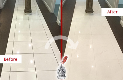 Sir Grout of Greater Fairfield County Restores, Cleans and Seals this Medical Center Floor to Remove Stains Before and After Picture of a Medical Center Floor Restored, Cleaned and Sealed to Remove Stains