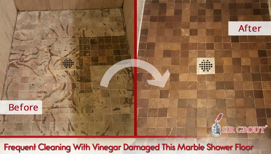 Prior to Sir Grout's Service, Vinegar Damaged This Marble Floor and Now It's Restored Looking New