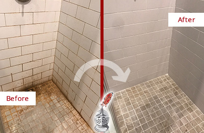 Before and After Picture of a Sherman Shower Tile and Grout Cleaned to Eliminate Mold and Stains