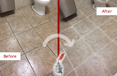Sir Grout Cleans this Norwalk Restroom Tile and Grout to Remove Soil Before and After Picture of a Norwalk Restroom Tile and Grout Cleaned to Remove Soil