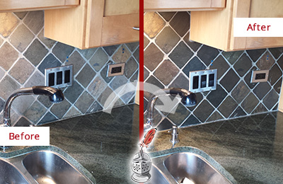 Sir Grout Caulks this Sherman Backsplash Caulked to Fix and Prevent Water Leaks Before and After Picture of a Sherman Backsplash Caulked to Fix and Prevent Water Leaks