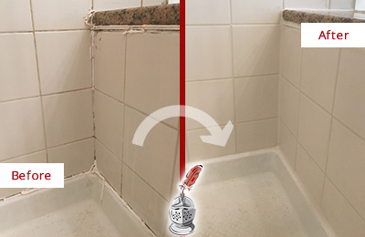 Sir Grout Caulks this Sherman Shower Caulked to Repair Damaged Caulking Before and After Picture of a Sherman Shower Caulked to Repair Damaged Caulking