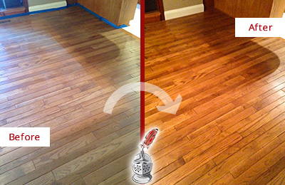Sir Grout Refinished This Dull Stratford Wood Floor with a Sandless Refinishing Service to Recover Its Sheen Before and After Picture of a Stratford Wood Sandless Refinishing Service on a Dull Floor to Recover Its Sheen