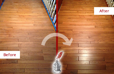 Sir Grout Refinished This Dull Stratford Hallway Floor with a Sandless Refinishing Service Before and After Picture of a Stratford Wood Sandless Refinishing Service on a Dull Hallway