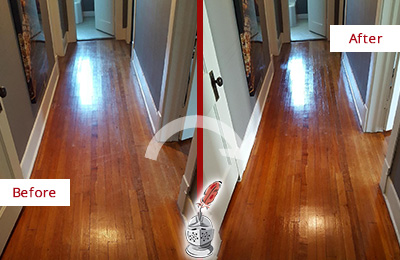 Sir Grout Refinished This Stratford Wood Floor with a Sandless Refinishing Service to Eliminate Scratches Before and After Picture of a Stratford Wood Sandless Refinishing Service on a Floor to Eliminate Scratches