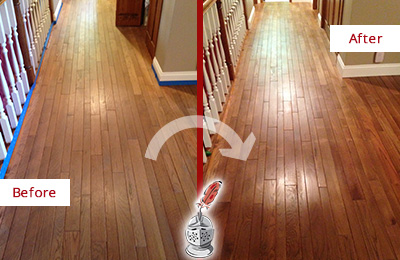 Sir Grout Refinished This Worn Out Stratford Wood Floor with a Sandless Refinishing Service Before and After Picture of a Stratford Wood Sandless Refinishing Service on a Worn Out Floor