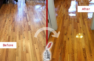 Sir Grout Refinished This Worn Out Stratford Hallway Floor with a Sandless Refinishing Service Before and After Picture of a Stratford Wood Sandless Refinishing Service on a Worn Out Hallway