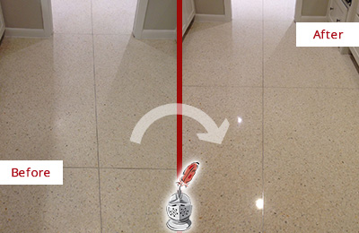 Sir Grout Polishes this Warren Granite Stone Floor to Repair Dullness Before and After Picture of a Warren Granite Stone Floor Polished to Repair Dullness