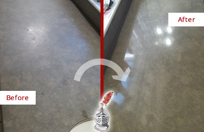 Before and After Picture of a Dull Westport Limestone Countertop Polished to Recover Its Color