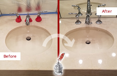 Sir Grout Polishes this Dull Warren Marble Stone Vanity Top to Bring-Back Its Sheen Before and After Picture of a Dull Warren Marble Stone Vanity Top Polished to Bring-Back Its Sheen