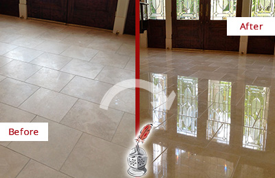 Sir Grout Polishes this Dull Warren Travertine Stone Floor to Recover Its Gloss Before and After Picture of a Dull Warren Travertine Stone Floor Polished to Recover Its Gloss
