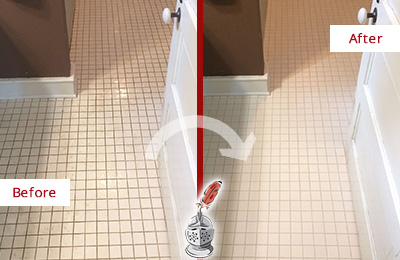 Before and After Picture of a Sherman Bathroom Floor Sealed to Protect Against Liquids and Foot Traffic