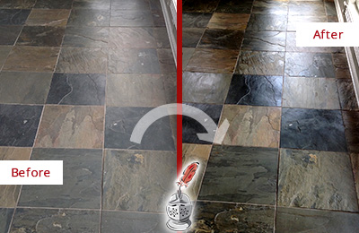 Sir Grout Seals this Dull Redding Ridge Slate Floor to Bring Back Its Colors Before and After Picture of a Dull Redding Ridge Slate Floor Sealed to Bring Back Its Colors