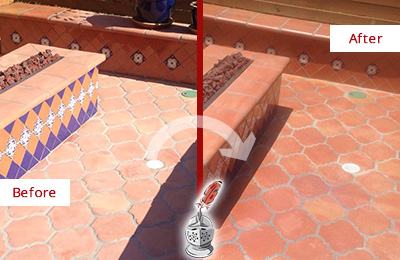Sir Grout Seals this Dull Redding Ridge Terracotta Patio Floor For UV Protection Before and After Picture of a Dull Redding Ridge Terracotta Patio Floor Sealed For UV Protection