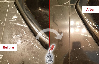 Before and After Picture of a Darien Marble Countertop Cleaned to Remove Deep Dirt