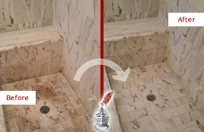 Sir Grout Cleans this Dirty Woodbury Marble Shower to Eliminate Dark Stains Before and After Picture of a Dirty Woodbury Marble Shower Cleaned to Eliminate Dark Stains