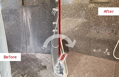Sir Grout Cleans this Woodbury Granite Shower to Remove Mineral Deposits Before and After Picture of a Woodbury Granite Shower Cleaned to Remove Mineral Deposits