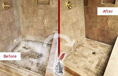 Sir Grout Cleans this Woodbury Travertine Shower to Eliminate Water Spots Before and After Picture of a Woodbury Travertine Shower Cleaned to Eliminate Water Spots