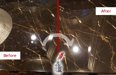 Sir Grout Cleans this Woodbury Marble Countertop to Remove Water Spots Before and After Picture of a Woodbury Marble Countertop Cleaned to Remove Water Spots