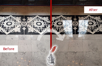 Sir Grout Seals the Stone of this Woodbury Marble Floor to Recover Its Sheen Before and After Picture of a Woodbury Marble Stone Sealed to Recover Its Sheen