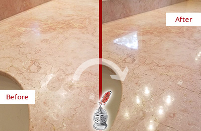 Sir Grout Seals this Woodbury Marble Stone Vanity Top to to Avoid Water Marks Before and After Picture of a Woodbury Marble Stone Vanity Top Sealed to Avoid Water Marks