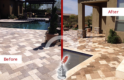 Sir Grout Seals the Stone of this Woodbury Travertine Patio Stone for Extra Protection Before and After Picture of a Woodbury Travertine Patio Sealed Stone for Extra Protection