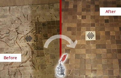 Sir Grout Hones this Southport Marble Shower to Remove Etching Before and After Picture of a Southport Marble Shower Honed to Remove Etching