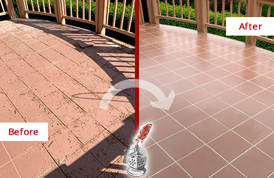 Before and After Picture of a Cos Cob Hard Surface Restoration Service on a Tiled Deck