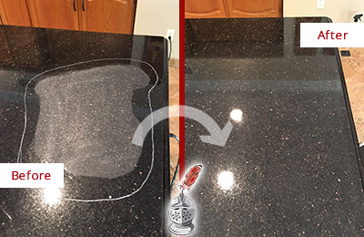 Before and After Picture of a Wilton Hard Surface Restoration Service on a Granite Countertop to Remove Scratches