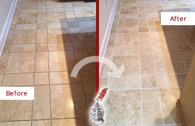 Sir Grout Cleans this Morris Kitchen Floor's Grout to Recover Its Color Before and After Picture of Morris Kitchen Floor Grout Cleaned to Recover Its Color