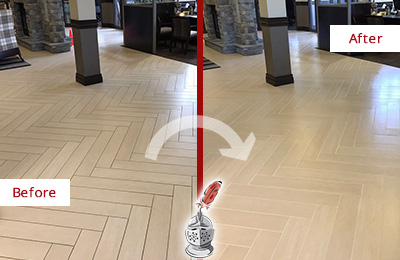 Sir Grout Cleans the Grout on this Morris Lobby Floor Before and After Picture of a Morris Lobby Floor Cleaned to Even the Grout Color