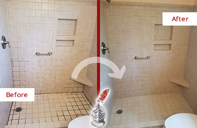 Before and After Picture of a Riverside Shower Grout Cleaned to Remove Mold