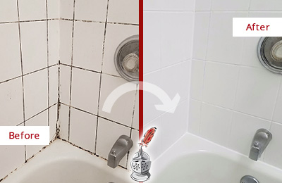 Sir Grout Cleans the Grout on this Moldy Morris Tub Before and After Picture of a Morris Tub Grout Cleaned to Eliminate Mold