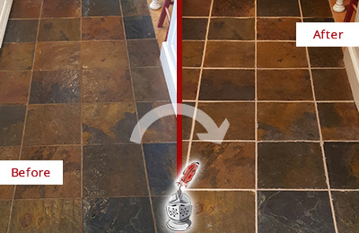 Sir Grout Cleans the Grout on this Morris Slate Floor Before and After Picture of Morris Slate Floor Grout Cleaned to Remove Dirt