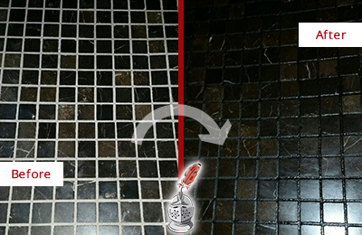 Sir Grout Recolored the Grout of this Thomaston Black Tile Floor Before and After Picture of a Thomaston Black Floor with Recolored Grout