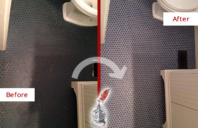 Sir Grout Recolors the Grout on this Thomaston Blue Tile Floor Before and After Picture of a Thomaston Blue Tile Floor Recolored Grout