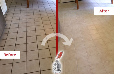Sir Grout Recolors this Thomaston Kitchen Tile Floor's Grout Before and After Picture of a Thomaston Kitchen Tile Floor with Recolored Grout