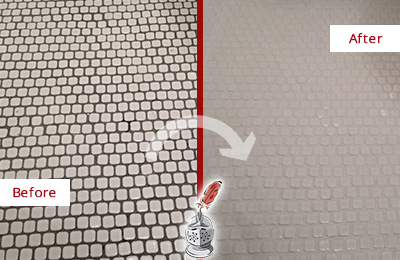 Sir Grout Recolors the Grout of this Thomaston White Mosaic Tile Before and After Picture of a Thomaston White Mosaic Tile Recolored Grout
