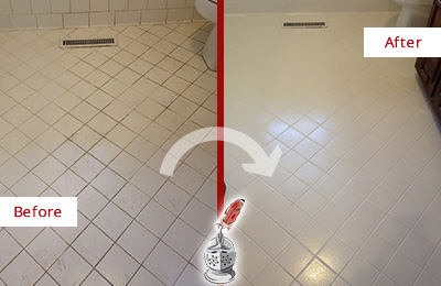 Before and After Picture of a Saugatuck White Bathroom Floor Grout Sealed for Extra Protection