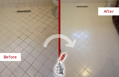 Sir Grout Seals the Grout of this Riverside White Bathroom Floor for Extra Protection Before and After Picture of a Riverside White Bathroom Floor Grout Sealed for Extra Protection