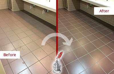 Sir Grout Seals the Grout on this Riverside Office Restroom to Refresh Its Look Before and After Picture of Dirty Riverside Office Restroom with Sealed Grout