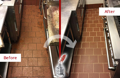 Sir Grout Seals the Grout of this Riverside Restaurant Kitchen Floor to Remove Embedded Dirt Before and After Picture of a Riverside Restaurant Kitchen Floor Grout Sealed to Remove Dirt