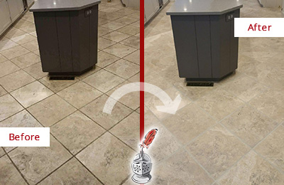 Sir Grout Seals this Stained Riverside Kitchen Floor Grout to Remove Stains Before and After Picture of a Riverside Kitchen Floor Grout Sealed to Remove Stains