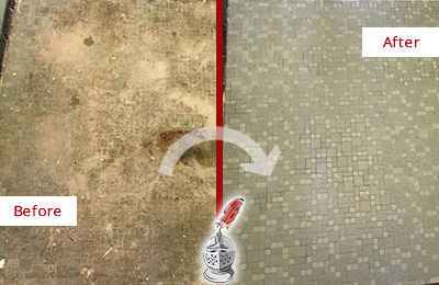Sir Grout Cleans this Shelton Mosaic Shower Cleaned to Eliminate Embedded Dirt Before and After Picture of a Shelton Mosaic Shower Cleaned to Eliminate Embedded Dirt