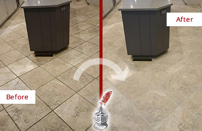 Before and After Picture of a Monroe Kitchen Floor Cleaned to Remove Stains